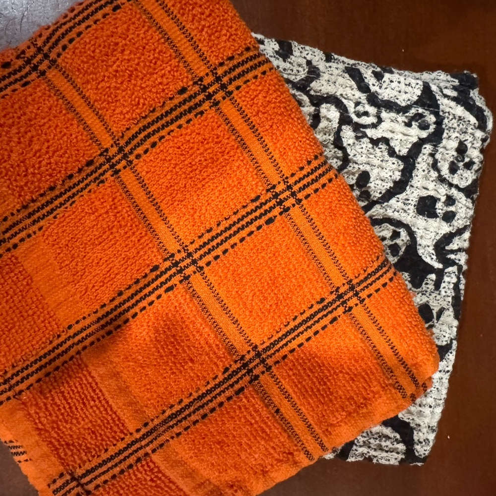 Orange Plaid and Black White Patterned Towels